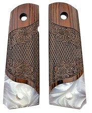 1911 Full Size Grips Gentleman Carved Rosewood Faux Pearl Accent Gold Screws
