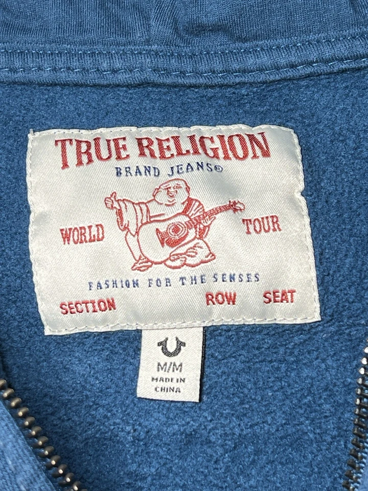 True Religion Hoodie Women Size Medium Full Zip T Stitching Blue Y2K - Image 4 of 4