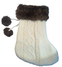 Beautiful Off White Cable Knit W Faux Fur Cuff  Poms Pom Christmas Stocking