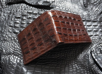Brown Real Croc Small Horn Leather Skin Men Bifold Slim Wallet