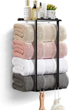 Bathroom Towel Rack with Shelf & 6 Hooks, Wall Mounted Vertical Towel Holder