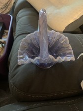 Fenton Hobnail Iridescent Opalescent Ruffle Rim Glass Basket/Lavender Trim