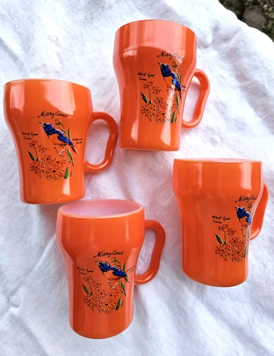 Vtg Rare Fire King Anchor Hocking Mugs Maryland Bird Souvenir Set Of 4 NOS