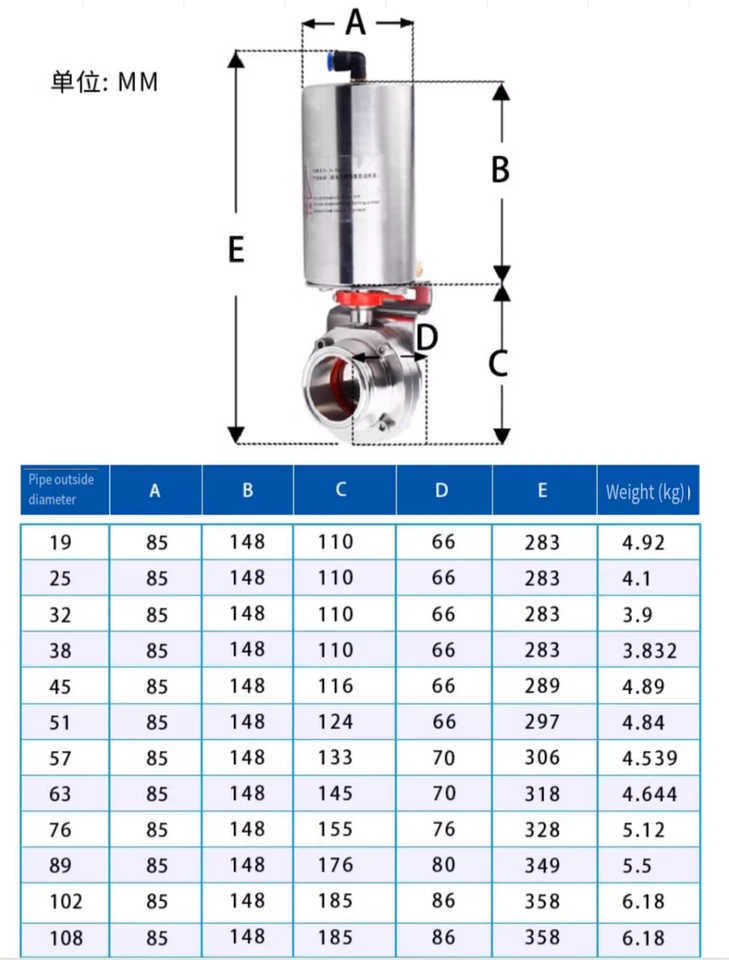 3-1/2"Φ89 Pneumatic Actuator Sanitary Butterfly Valve316L Clamp Single Acting - Image 3 of 4