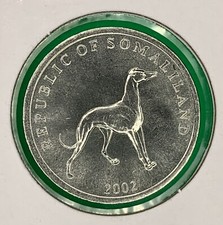 2002 Somaliland 20 Shillings Greyhound Dog Coin KM6 UNC Stainless Steel Animal