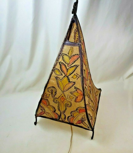 Vintage Mid Century RAW HIDE Shade Sail Cone Mosaic Design Lamp Cast Iron WORKS - Picture 5 of 12