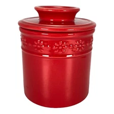 KOOV CERAMIC BUTTER BELL Red Embossed Daisies 5.25” Tall 4” Diameter