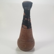 Art Pottery Bottle with Pottery Lid Black Glaze on Clay Color Base 8" Tall