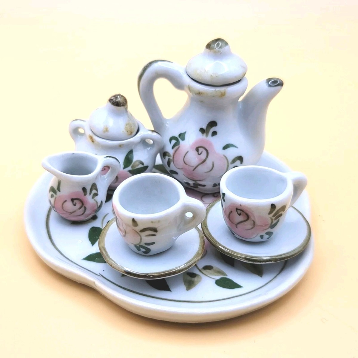 Miniature Porcelain Tea Set With Pink Floral Design & Gold Accents