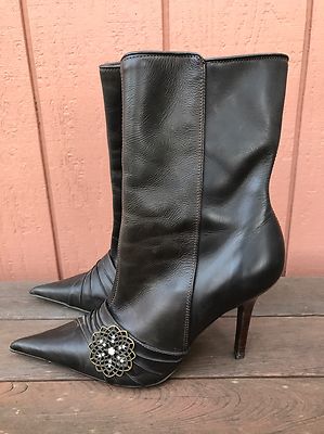 Steve Madden Dynasti Brown Leather Boots Booties Shoes Hi Heels Flower US  B
