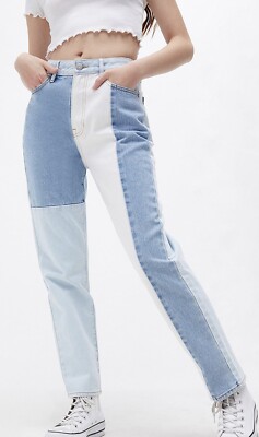 PACSUN ECO Hopper Patch Mom Jeans Colorblock Light Blue High