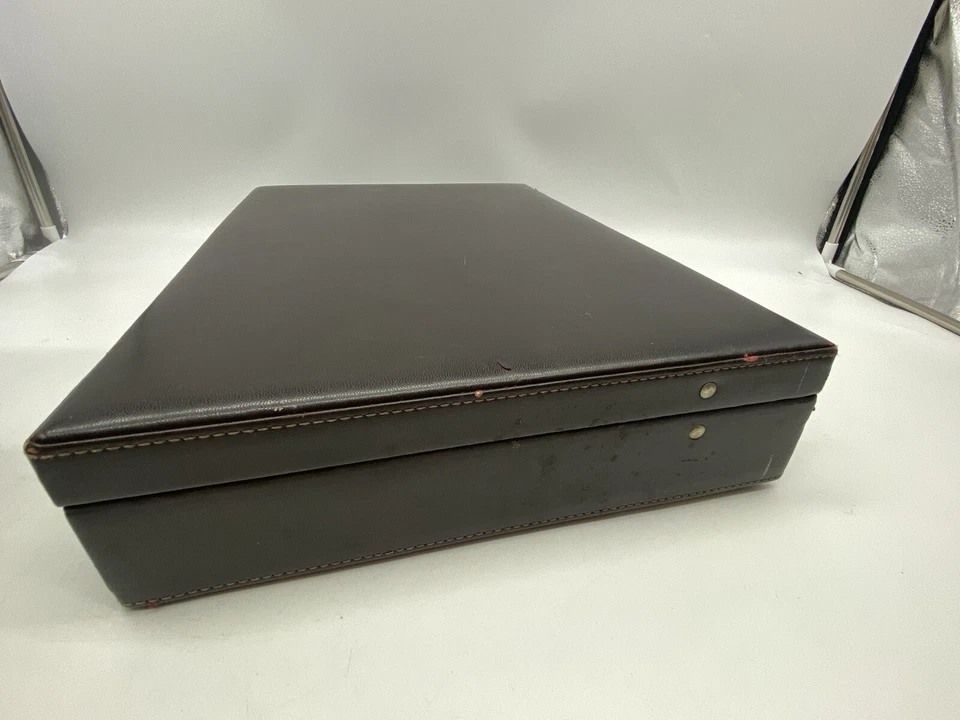 "Maletín rígido vintage Heritage marrón extensible de cuero LEER 17""x 12,5""" Foto 4 de 4