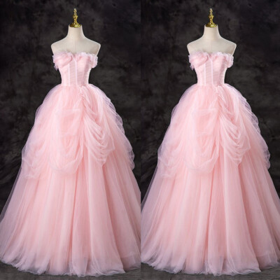 Vintage Pink Wedding Dresses Strapless Ruffled Full Length A Line Bridal Gowns