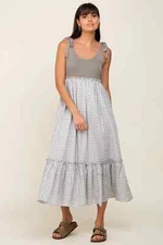 &Merci Womens A-Line Dress Gray L Gingham Colorblock Ruffled Spaghetti Strap