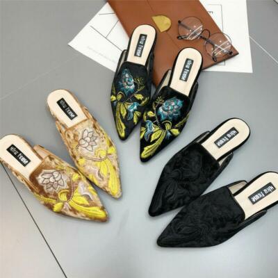 Embroidery Floral Pumps Shoes Velvet Pointed Toe Mules Summer Womens Slippers DW