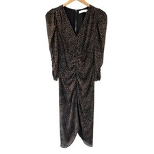 ASTR the Label women ruched dress XS animal print midi black brown vneck