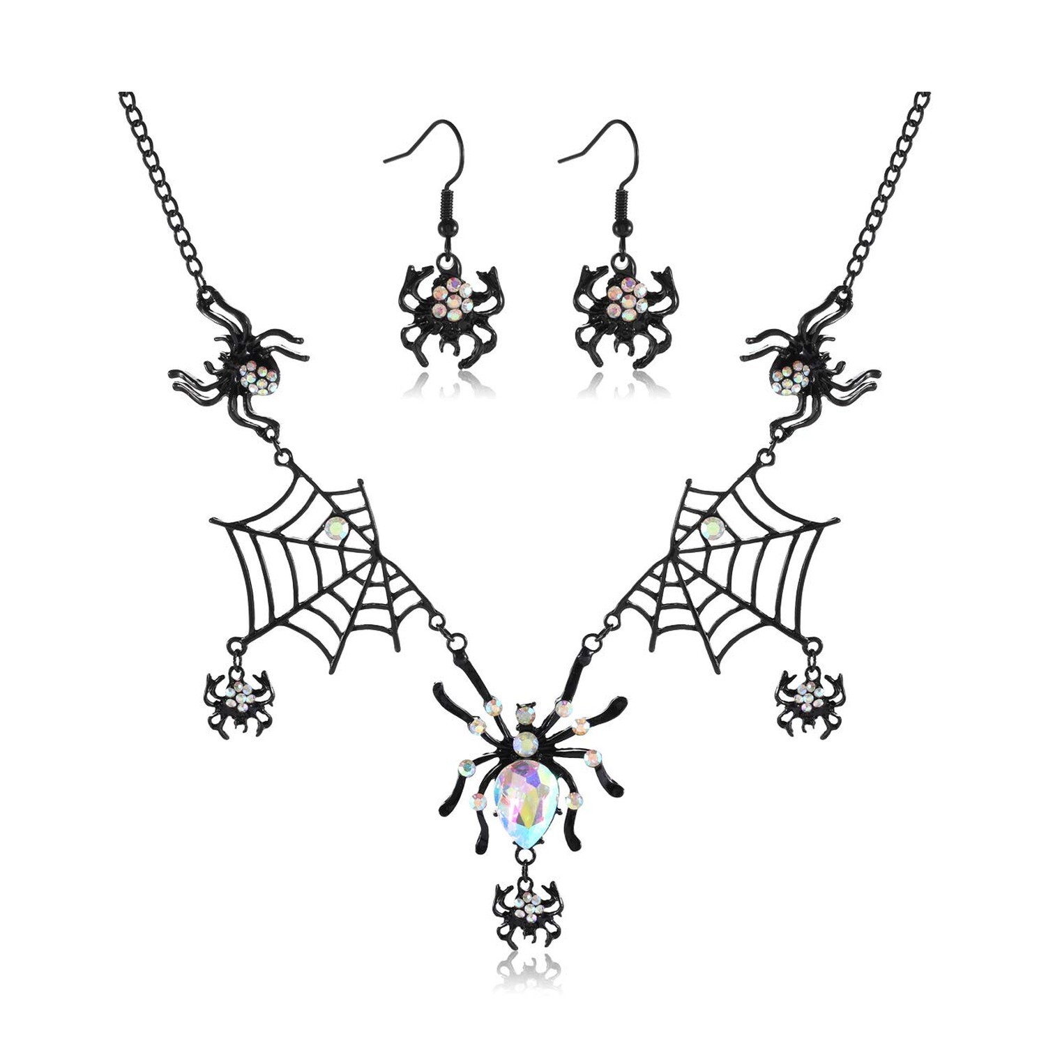 Halloween Spider Earrings Necklace Gothic Rhinestone Spider Dangle Earrings B...