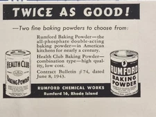 Rumford and Health Club Baking Powder Twice As Good RI Vintage Print Ad 1944