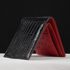 Genuine Crocodile Ostrich Leather Bifold Wallet Men RFID Blocking Black/Red