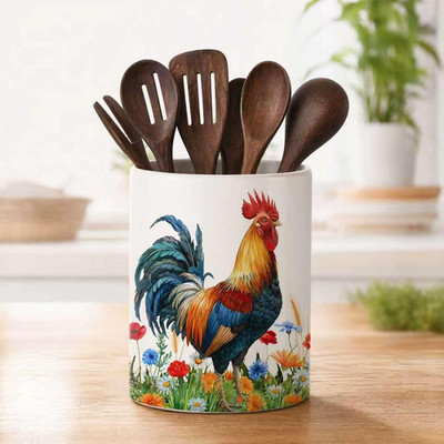 Rooster Ceramic Utensil Crock, Farm Rooster Kitchen Utensil Holder, Farmhouse