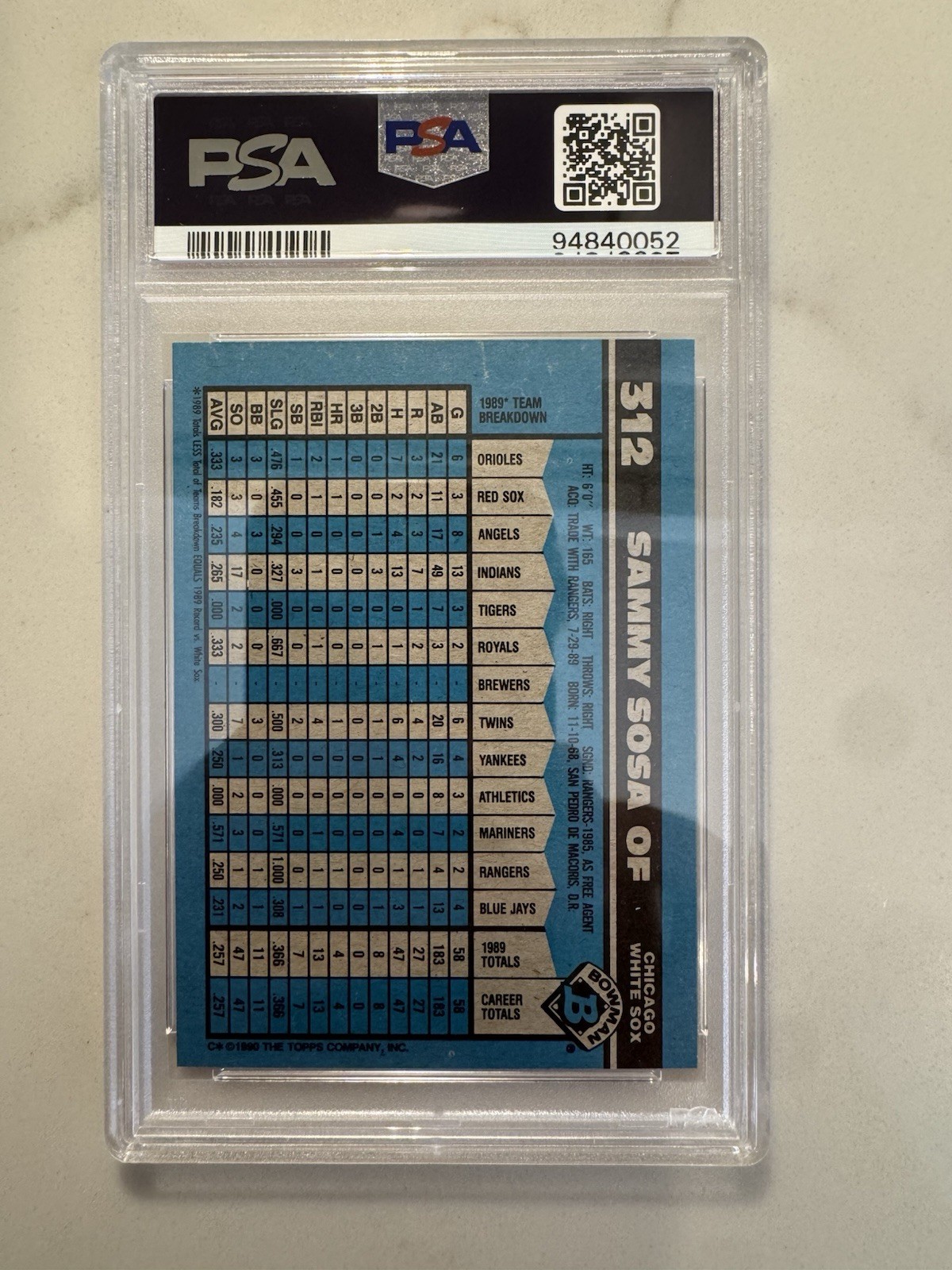 Bowman 1990 Sammy Sosa #312 Rookie PSA 8 White Sox view 2