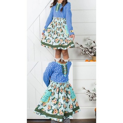 Matilda Jane Joanna Gaines Girls Blue Polka Dot Floral Dress Size 4 Long Sleeve