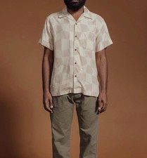 3sixteen Drunk Chess Vacation Shirt L Tan Cream Slub Tencel SS22 Rare Camp Mens
