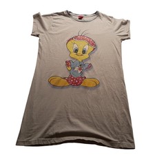Looney Tunes Tweety Bird Striped Nightgown Sleep Shirt Blue White Vintage Style