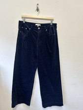 M&S Wide Leg Corduroy Trousers Size 16 Navy Blue High Waisted Cotton Modal Blend
