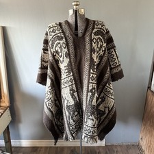 Ecuador Wool Poncho Brown OS Unisex Aztec Tribal Llama Print Fringe Chunky Thick