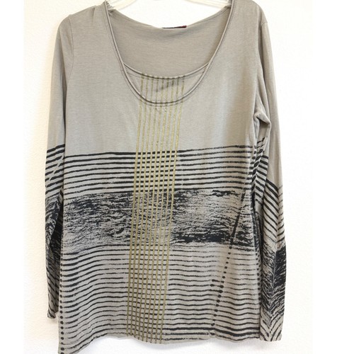 Barbara Lesser Womens Long Sleeve Top Taupe Gold Metallic Stripe 2406MX Medium