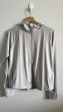 Women's Light Gray Track Jacket Hood Thumbholes Full Zip Pockets