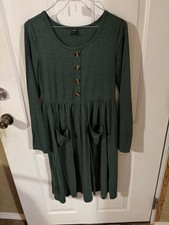 SHEIN Green Knee Length A-Line Button Front Pockets Long Sleeve Dress Size M