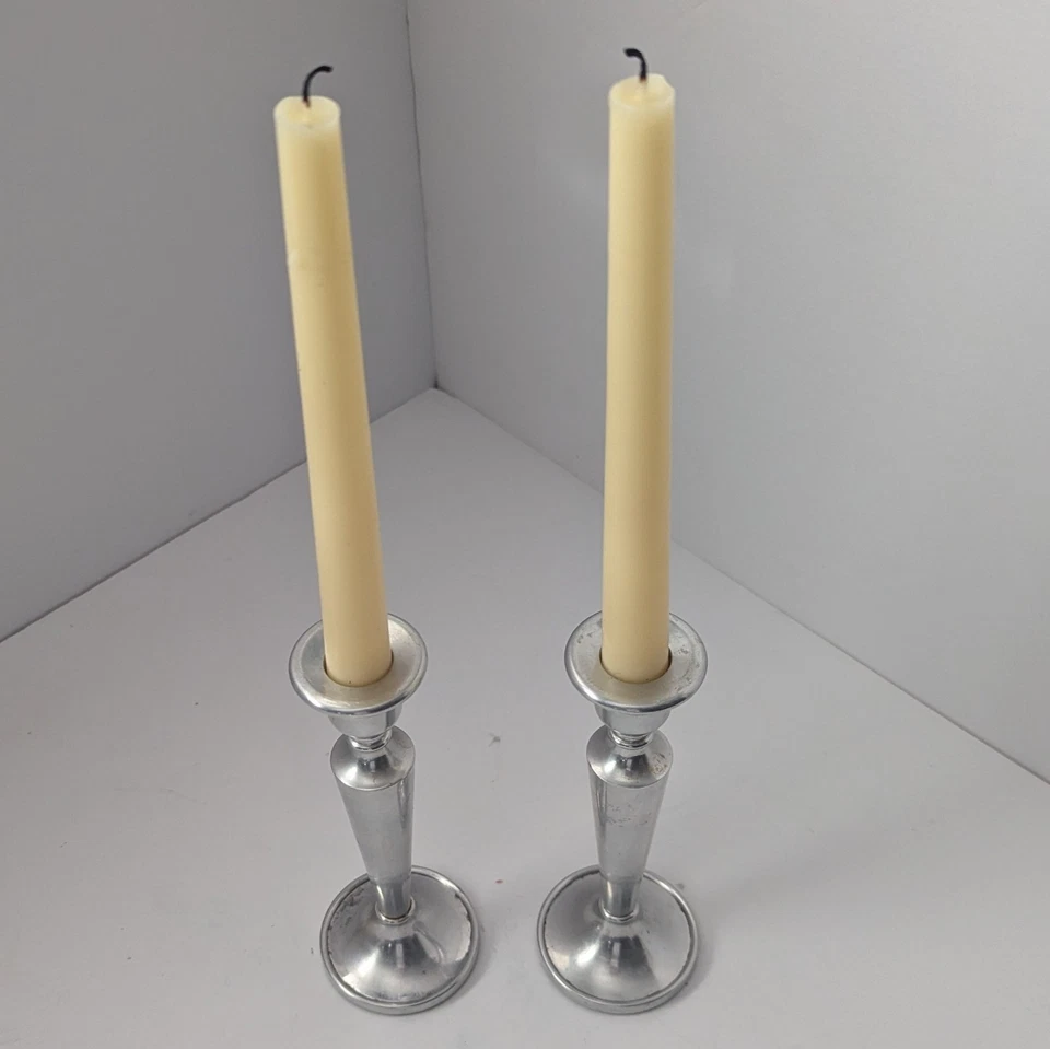 Aluminum Taper Candle Holders, Beautiful Vintage Pair ~ 7.25" T x 2.625" W  - Image 3 of 4