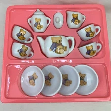 VTG Little Bear Printed MINIATURE TEA SET 13 Pc Porcelain Toy Pretend Tea Party