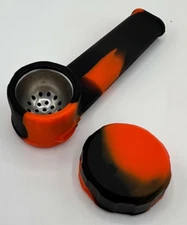 Silicone Tobacco Smoking Pipe with Metal Bowl & Cap Lid | Black / Orange | USA