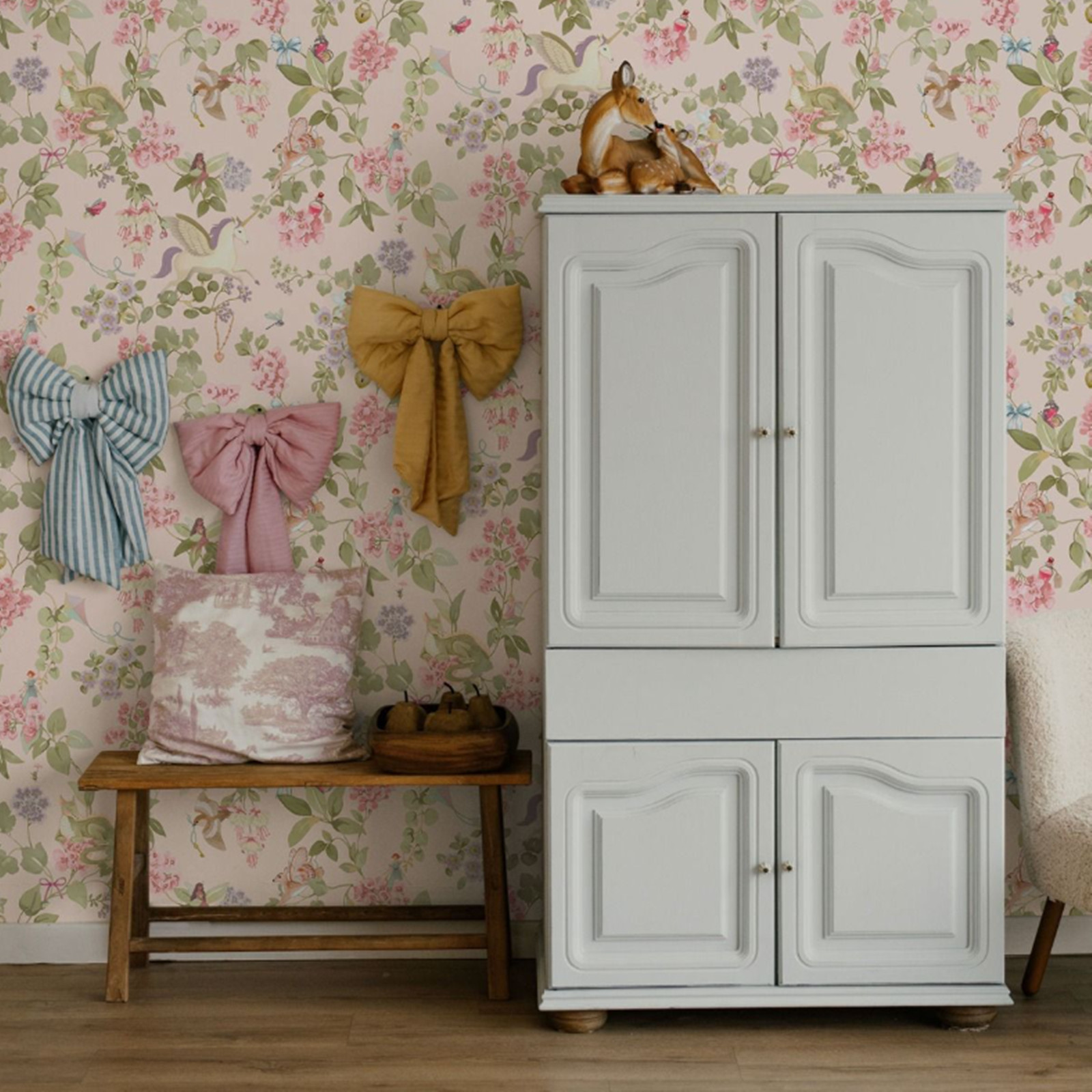 Kids Fairies Pink Wallpaper Multi Unicorns Dragons Floral Birds Girls Bedroom