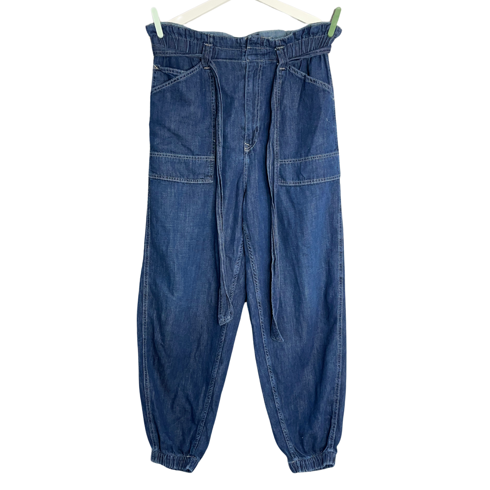 Polo Ralph Lauren Belted High Waist Jogger Pant UK10 28R Blue Cotton Linen Jeans