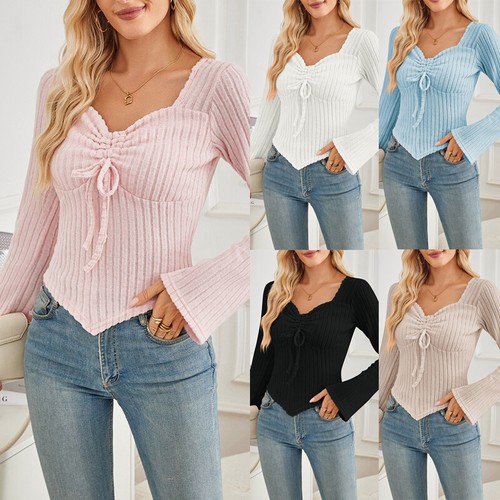 Womens Ribbed Long Sleeve T Shirt Tops Ladies Casual Slim Fit Blouse Crop Tops - Picture 21 of 27