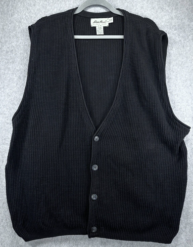 Vtg Eddie Bauer Grandpa Dad Oversized Black Sweater Vest USA Made 1985 Mens 2XL