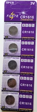 5 PK CR1616 3V LITHIUM BAT. DL1616 ECR1616 LM1616 BR1616 FREE SHIP