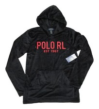 Polo Ralph Lauren Men's Black POLO RL Logo Velvet Pullover Lounge Hoodie