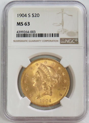 1904 S GOLD $20 LIBERTY HEAD DOUBLE EAGLE COIN NGC MINT STATE 63