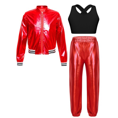 DE iEFiEL Mädchen Hip Hop Kleidung Set Dance Outfit Metallic Jacke+Crop Top+Hose - Bild 37 von 70