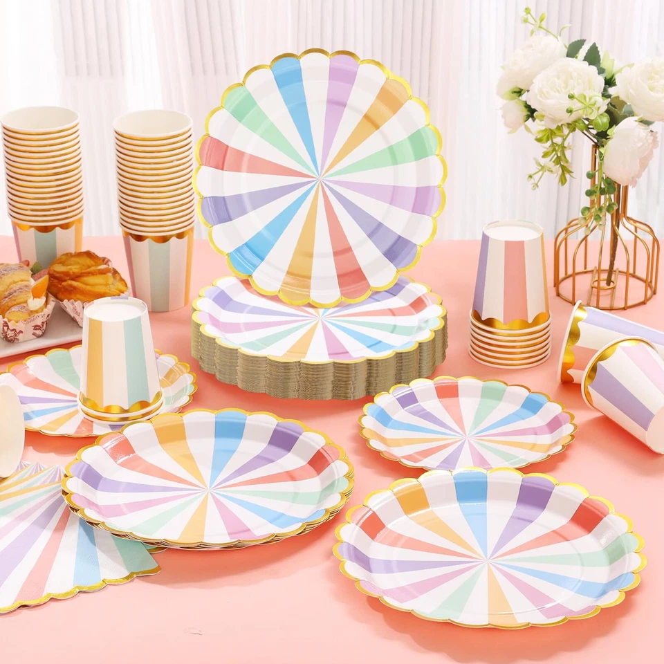 200 PIEZAS Pastel Suministros de Fiesta Platos de Papel y Servilletas Tazas Lámina Dorada Vieira... Foto 3 de 4