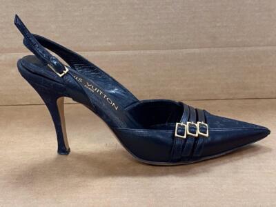 Louis Vuitton MONOGRAM OPEN BACK STRAP BLACK PUMPS SIZE 36- USED