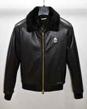 Billionaire Genuine Leather Real Fur Collar Black Men's Bomber Jacket