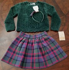 New TOMMY BAHAMA 3 Pc Set Plaid Skirt Sweater Headband 4T Green Holiday Outfit