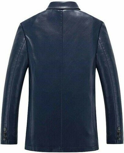 Men's Leather Blazer Genuine Lambskin Blue Blazer Lapel Two Button Coat Blazer - Picture 3 of 8