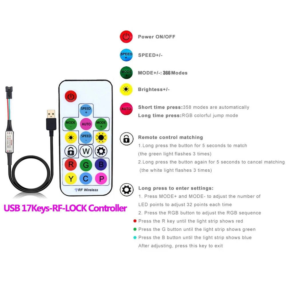 WS2811 WS2812B LED Pixels Strip Light Controller USB DC RF Remote Controller - Picture 11 of 38
